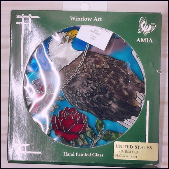 Amia Round USA Bald Eagle Red Rose Hand Painted Glass Sun Catcher NIB - Picture 7 of 8